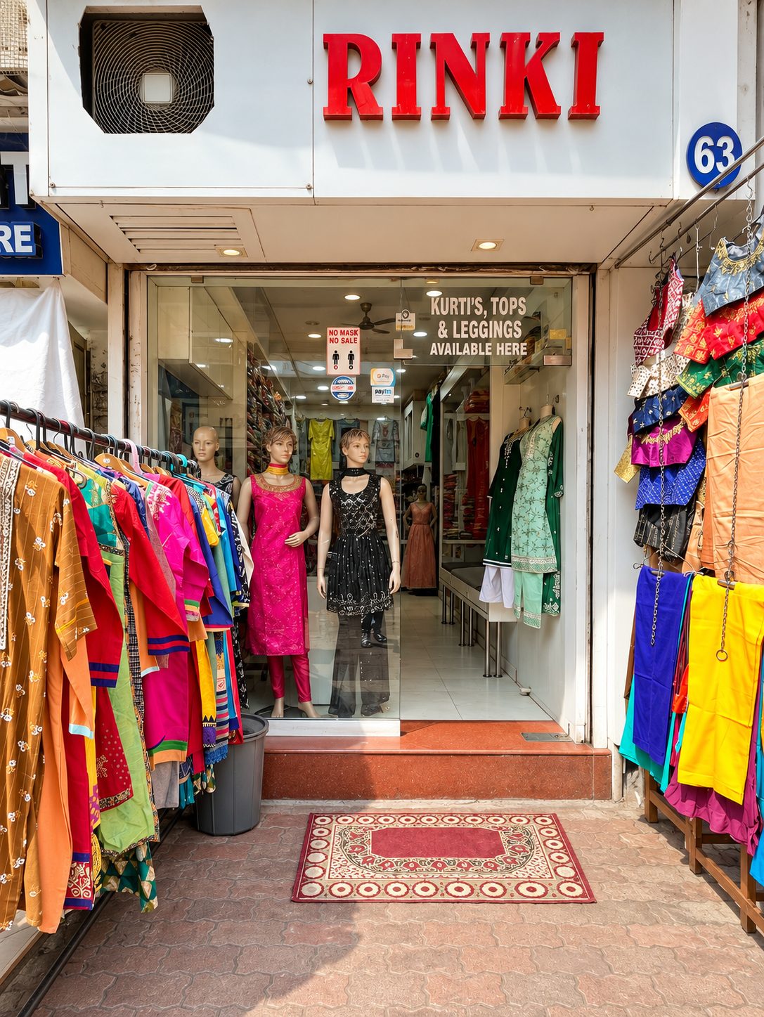 The Rinki clothing store entrance and garment displays at Mangal Bazaar in Vadodara