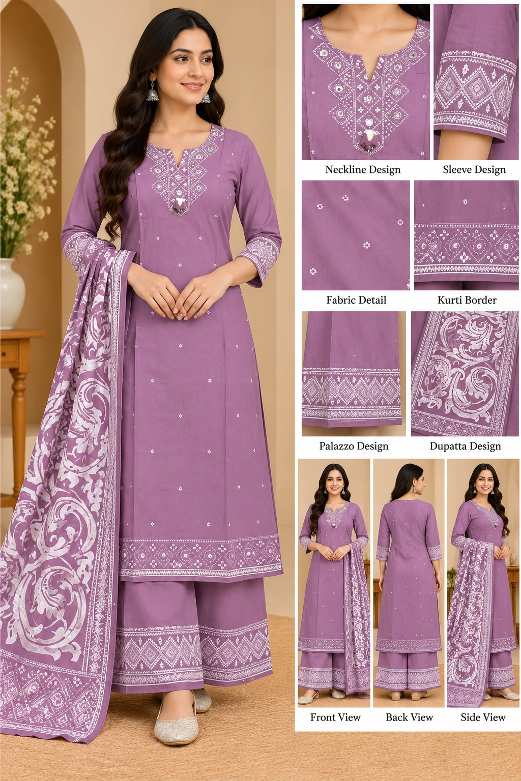 AI-styled lavender kurti, palazzo and dupatta look