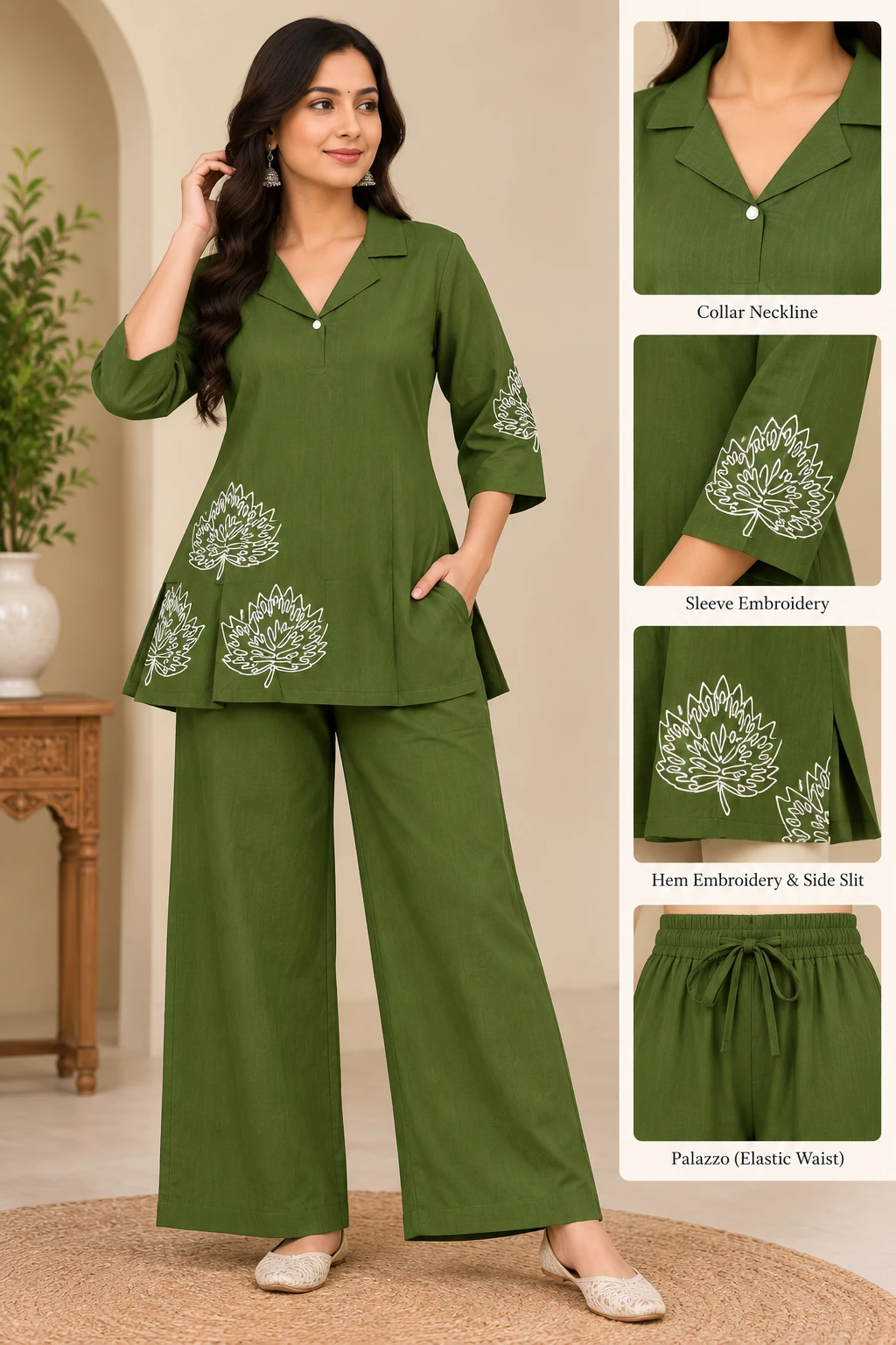 AI-styled olive green embroidered short kurti and palazzo look
