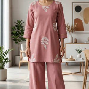 New Arrivals Dusty Rose Printed Cotton Co-ord Set with Kurti and Palazzo Pants