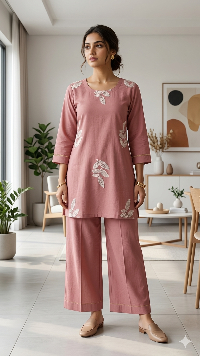 Dusty Rose Printed Cotton Co-ord Set with Kurti and Palazzo Pants