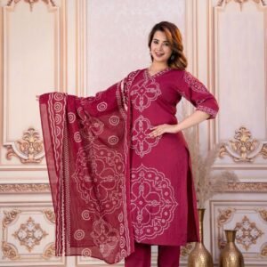 New Arrivals Maroon Bandhani Print Pure Cotton Kurti Pant Dupatta Set