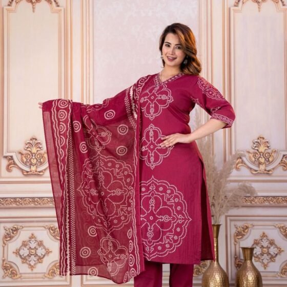 Maroon Bandhani Print Pure Cotton Kurti Pant Dupatta Set