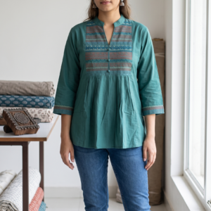 New Arrivals Teal Green Jaipur Cotton Short Kurti with Printed Yoke and Pleats