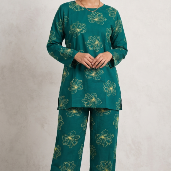Teal Green Floral Print Soft Rayon Kurti & Palazzo Set for Women