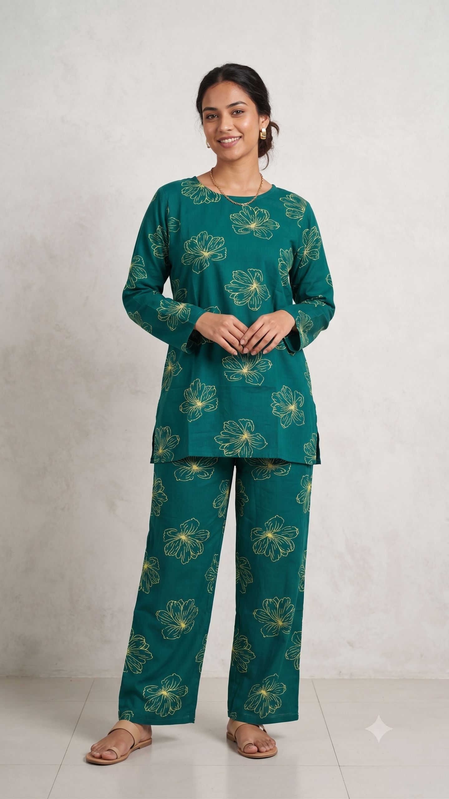 Teal Green Floral Print Soft Rayon Kurti & Palazzo Set for Women