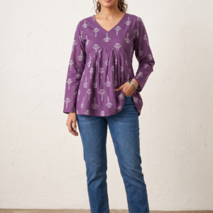 Collections Lavender Purple Jaipur Cotton Short Kurti with White Block Print and Front Pleats