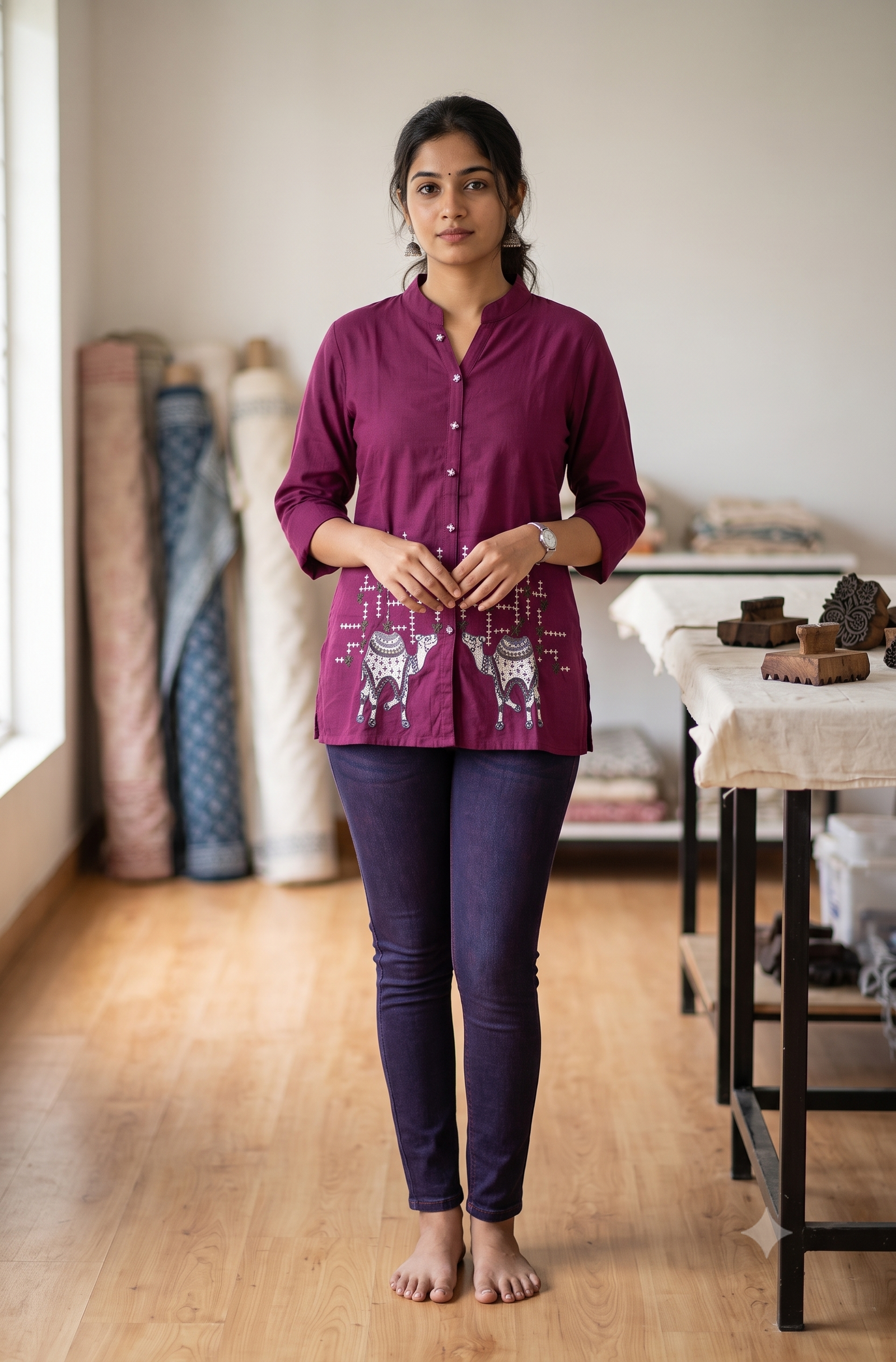 Magenta Purple Jaipur Cotton Short Kurti with Embroidered Camel Motifs