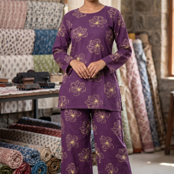 Deep Purple Cotton Floral Printed Co-Ord Set (Kurti and Palazzo)
