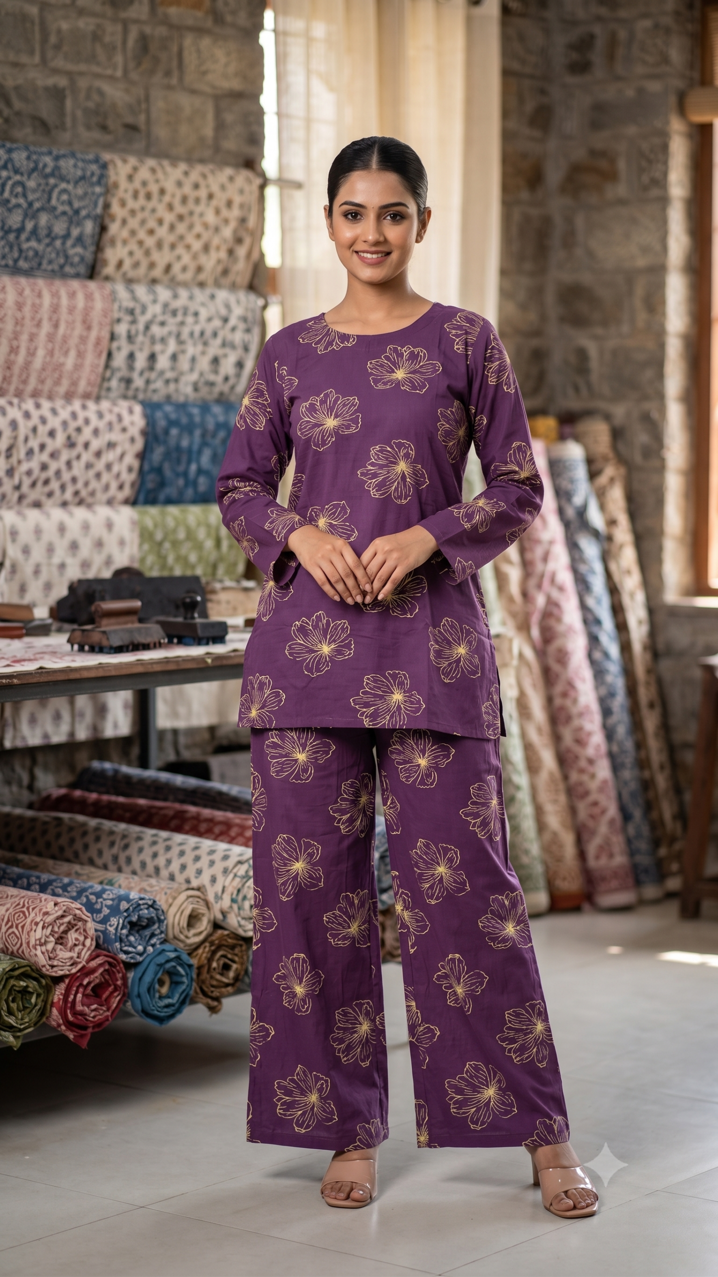 Deep Purple Cotton Floral Printed Co-Ord Set (Kurti and Palazzo)