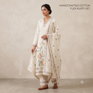 New Arrivals Off-White Cotton Flex Kurti Pant Dupatta Set with Floral Embroidery