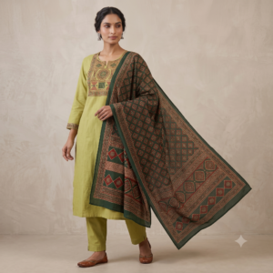 New Arrivals Lime Green Cotton Kurti Pant Dupatta Set with Traditional Printed Yoke