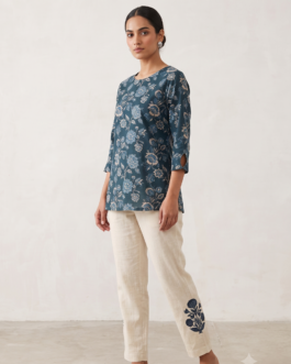 Blue Floral Jaipuri Cotton Short Kurti with Cream Linen Pants Co-Ord Set