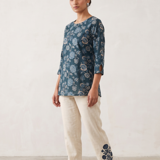 Blue Floral Jaipuri Cotton Short Kurti with Cream Linen Pants Co-Ord Set