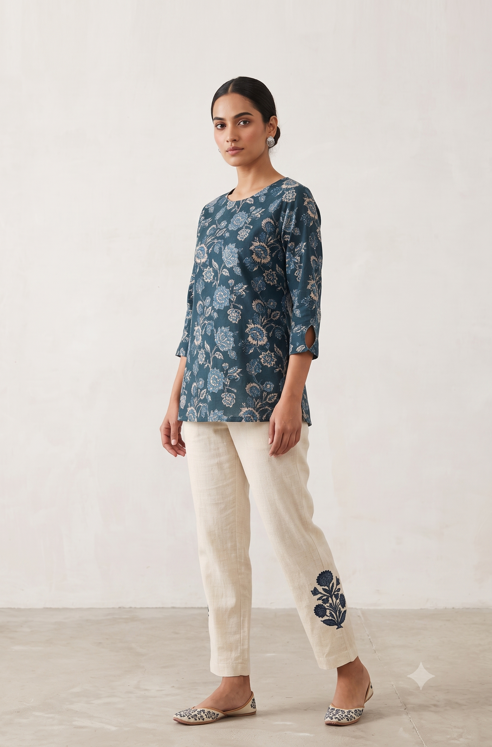 Blue Floral Jaipuri Cotton Short Kurti with Cream Linen Pants Co-Ord Set