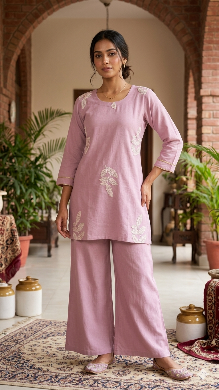 Lavender Pink Cotton Co-ord Set with Kurti and Wide-Leg Palazzo Trousers