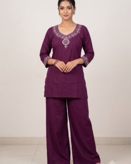 Purple Embroidered Cotton Kurti and Palazzo Co-Ord Set for Women
