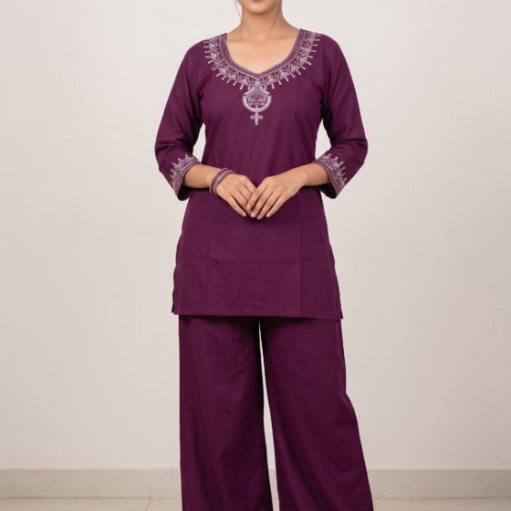 Purple Embroidered Cotton Kurti and Palazzo Co-Ord Set for Women