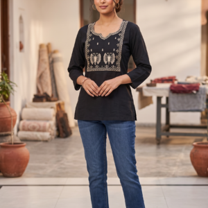 New Arrivals Jet Black Jaipur Cotton Short Kurti with Beige Butterfly Embroidery
