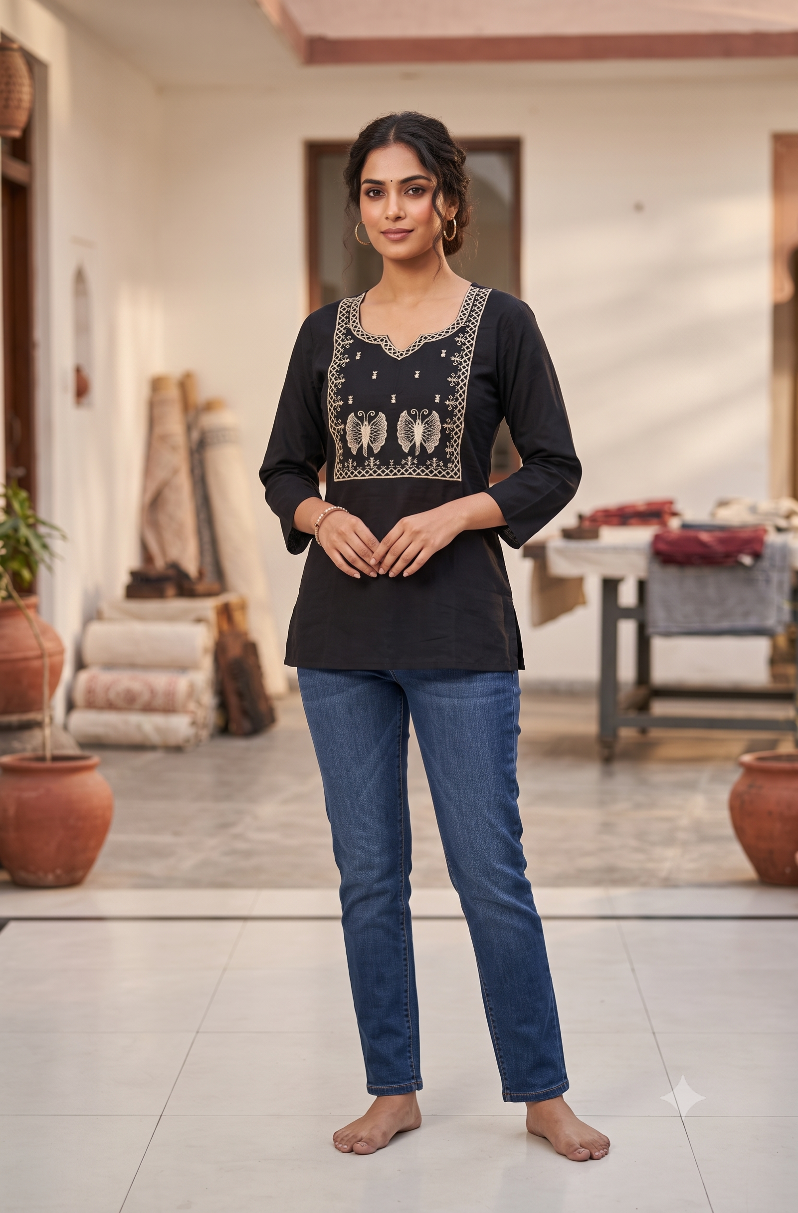 Jet Black Jaipur Cotton Short Kurti with Beige Butterfly Embroidery