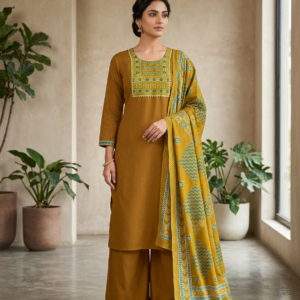 New Arrivals Mustard Yellow Cotton Kurti Palazzo Set with Printed Dupatta and Printed Yoke