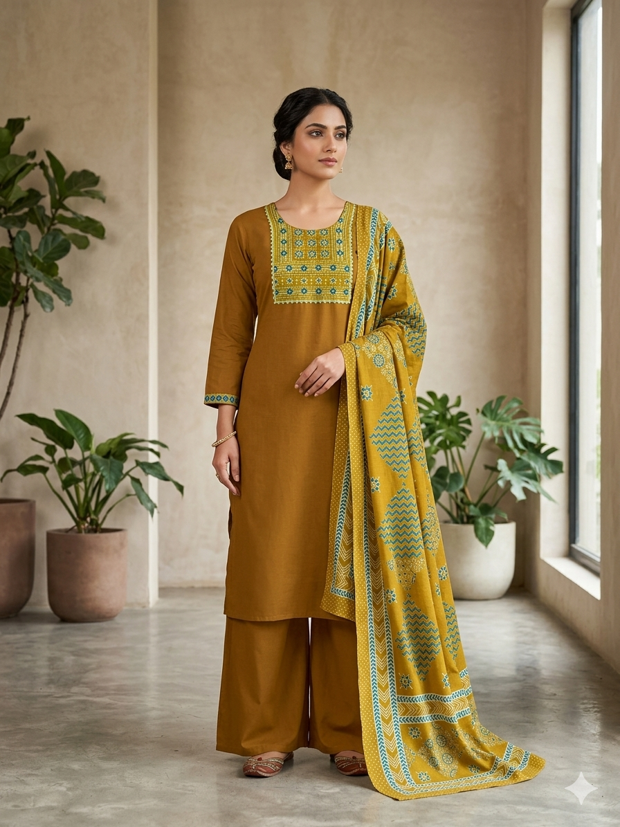 Mustard Yellow Cotton Kurti Palazzo Set with Printed Dupatta and Printed Yoke
