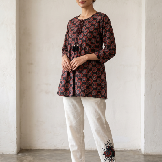 Jaipuri Cotton Printed Short Kurti with Off-White Linen Pants Co-Ord Set