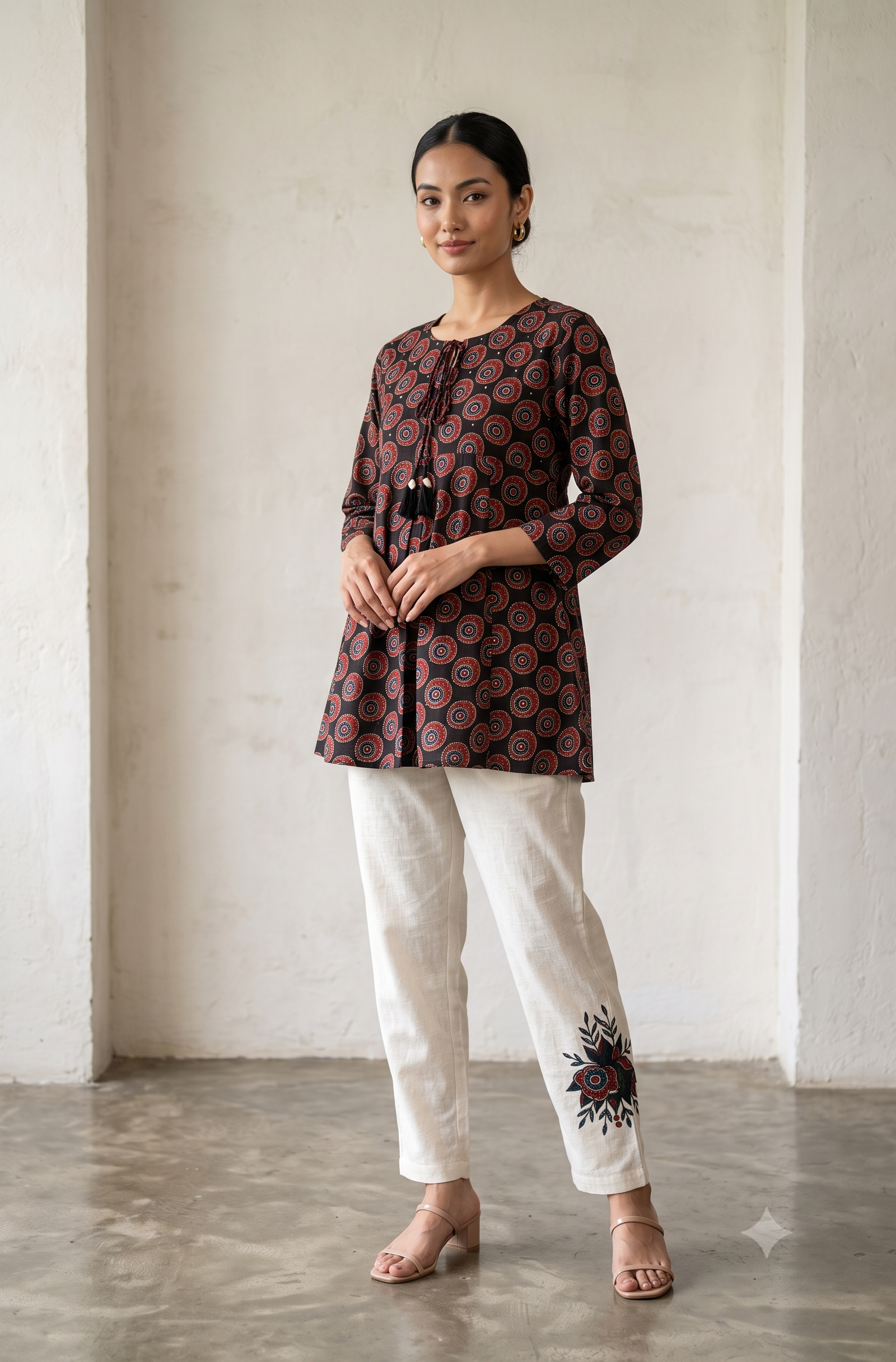 Jaipuri Cotton Printed Short Kurti with Off-White Linen Pants Co-Ord Set