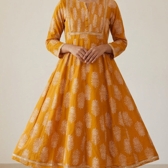 Mustard Yellow Cotton Anarkali Kurti with Elegant Leaf Print