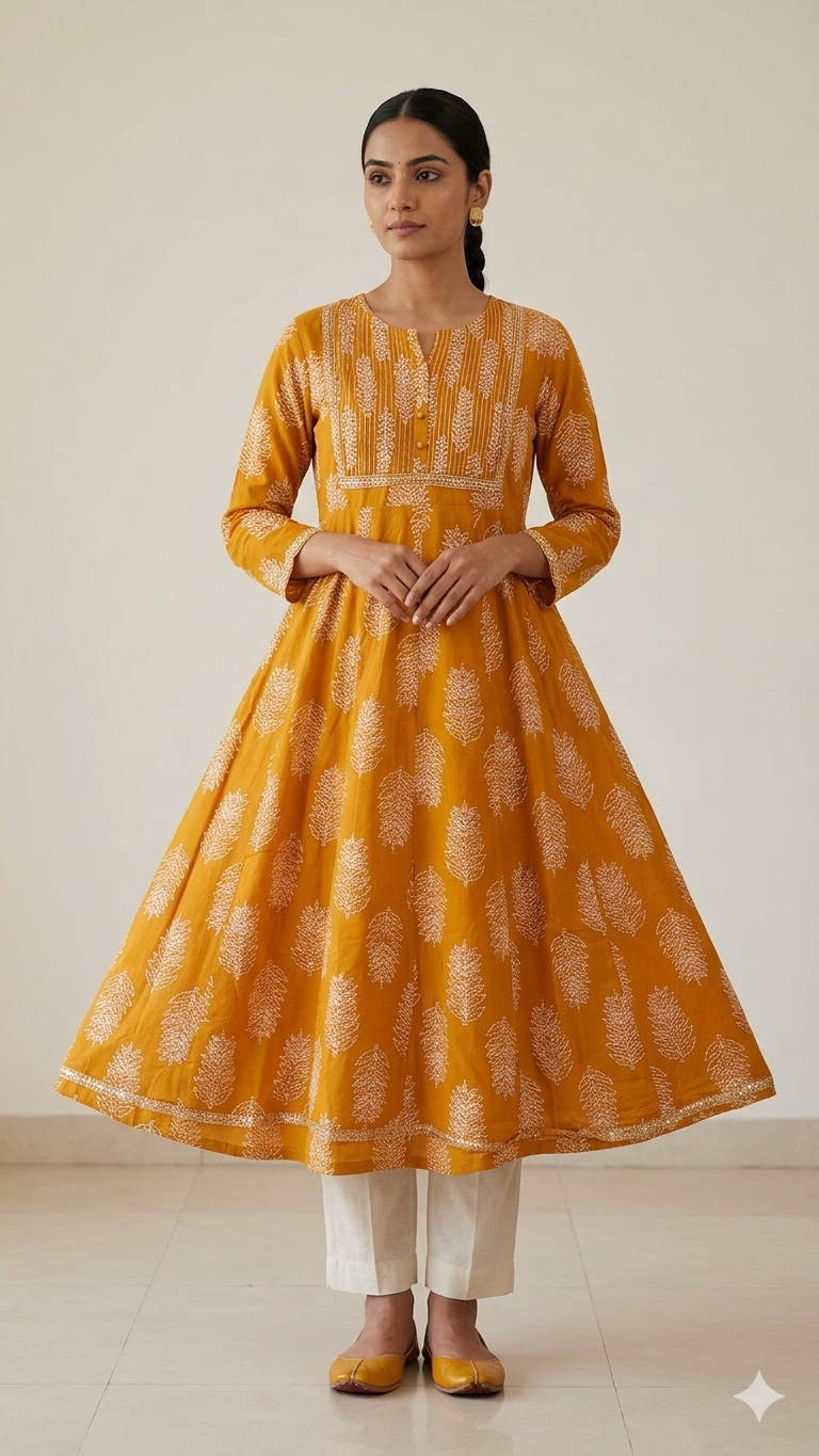 Mustard Yellow Cotton Anarkali Kurti with Elegant Leaf Print