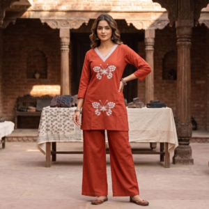 New Arrivals Rust Orange Cotton Co-ord Set with Embroidered Butterfly Kurti and Palazzo Trousers