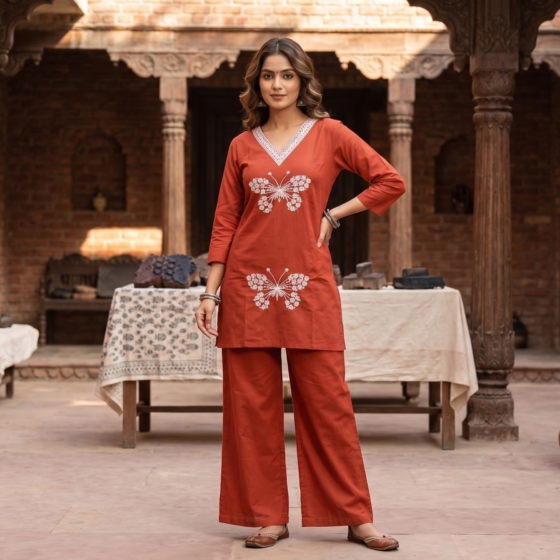 Rust Orange Cotton Co-ord Set with Embroidered Butterfly Kurti and Palazzo Trousers