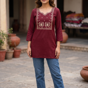 New Arrivals Maroon Maroon Cotton Short Kurti with Beige Butterfly Embroidery