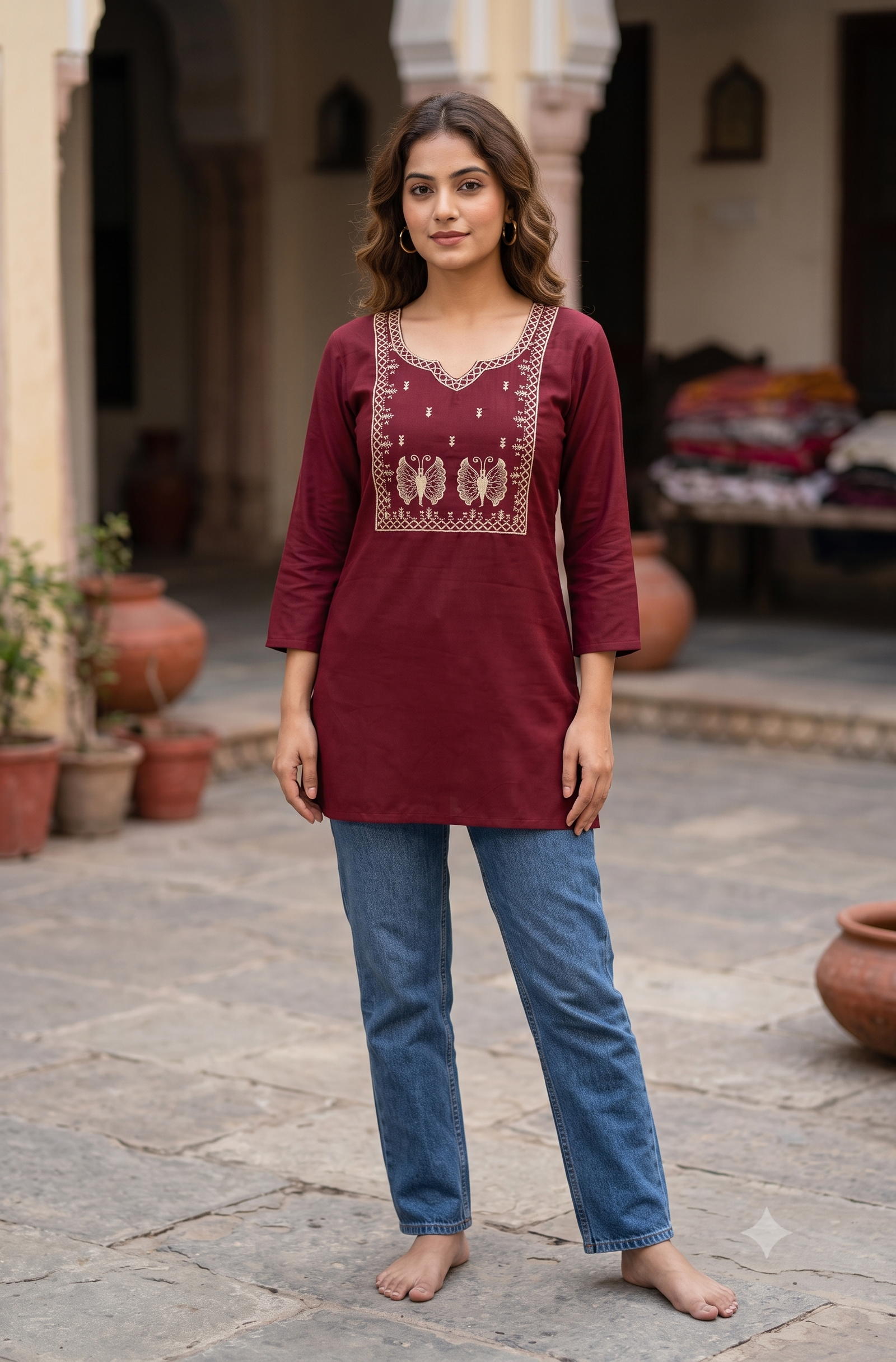 Maroon Maroon Cotton Short Kurti with Beige Butterfly Embroidery