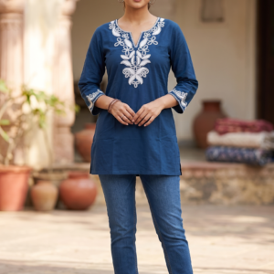 New Arrivals Indigo Blue Jaipur Cotton Short Kurti with White Embroidered Yoke