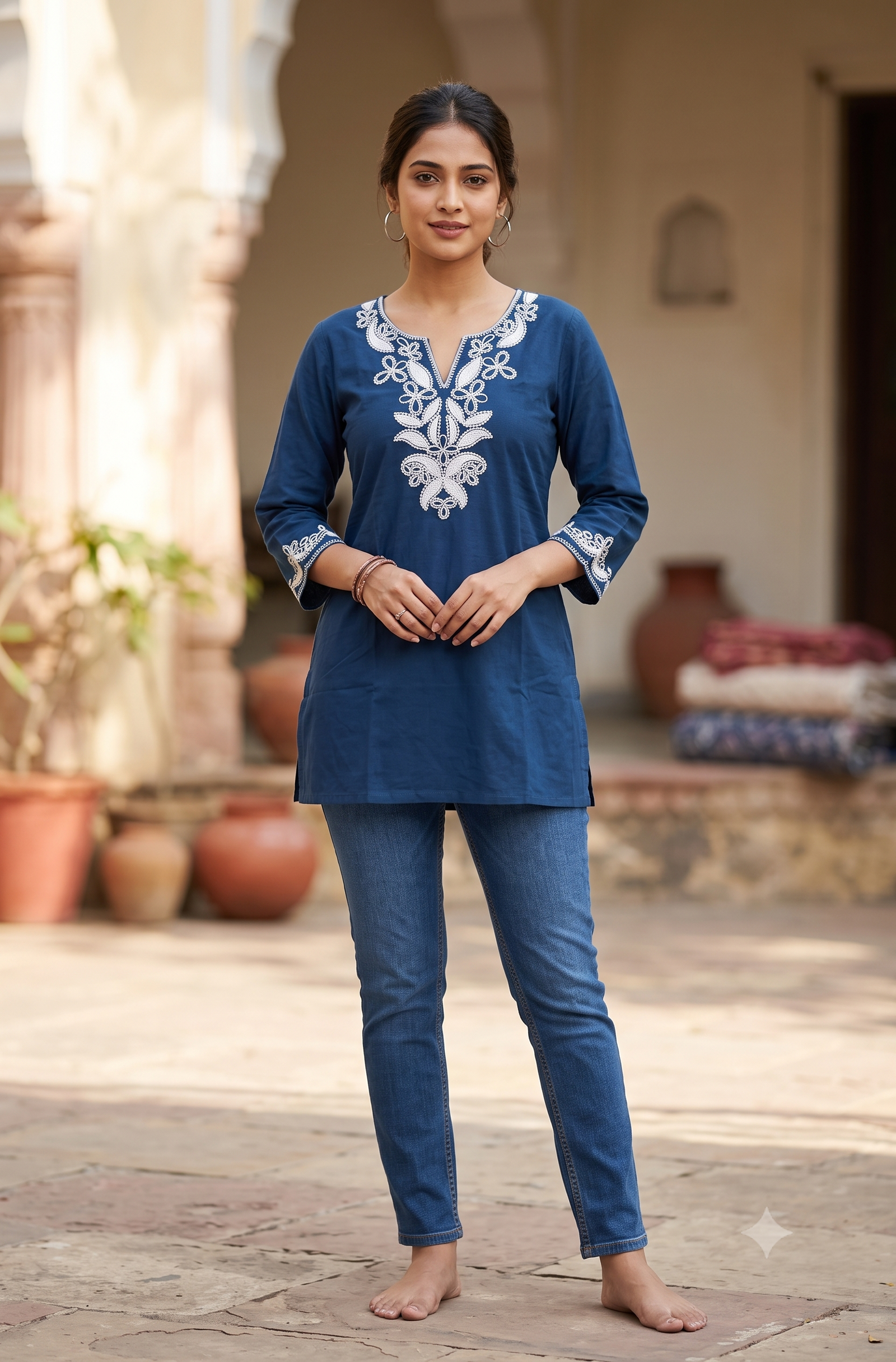 Indigo Blue Jaipur Cotton Short Kurti with White Embroidered Yoke
