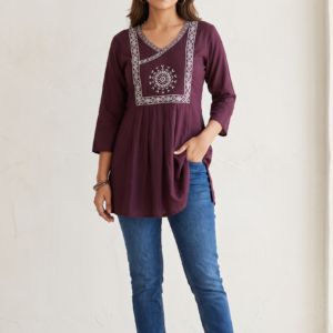 New Arrivals Deep Wine Jaipur Cotton Short Kurti with White Angrakha Style Embroidered Yoke
