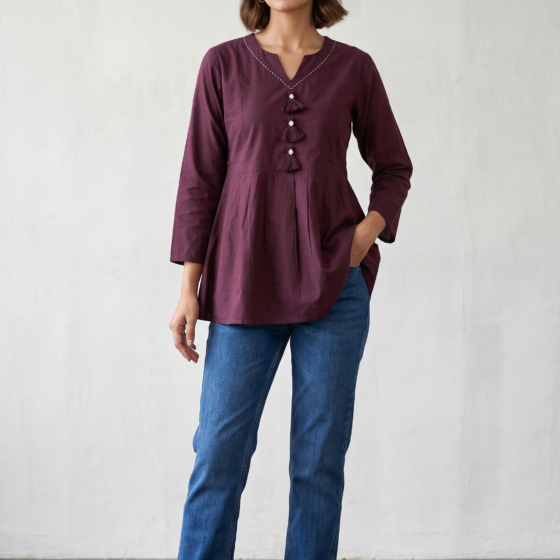 Deep Wine Cotton Short Tunic Top with V-Neck and Tassel Details