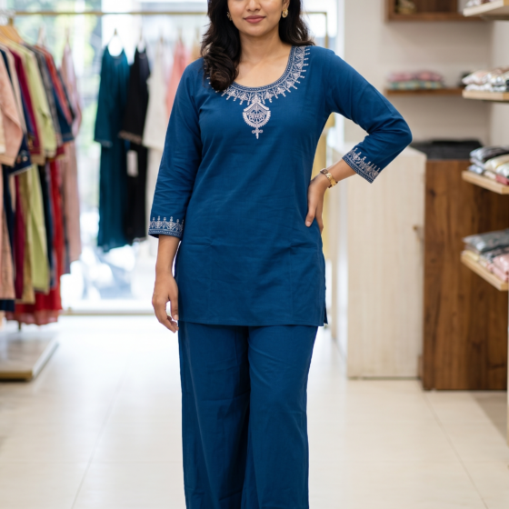 Elegant Deep Blue Embroidered Cotton Co-Ord Set (Kurti & Palazzo)