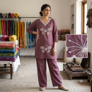 New Arrivals Mauve Purple Cotton Co-ord Set with Embroidered Butterfly Kurti and Palazzo Trousers