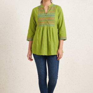 New Arrivals Lime Green Jaipur Cotton Short Kurti with Printed Yoke and Pleats