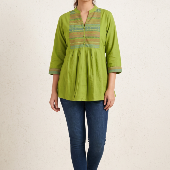 Lime Green Jaipur Cotton Short Kurti with Printed Yoke and Pleats