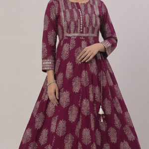 New Arrivals Plum Wine Cotton Anarkali Kurti with Traditional Foil Print