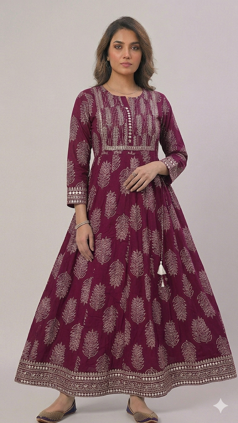 Plum Wine Cotton Anarkali Kurti with Traditional Foil Print