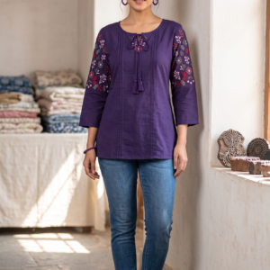 New Arrivals Purple Jaipur Cotton Short Kurti with Floral Embroidered Sleeves and Tie-Up Neck