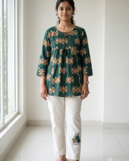 Bottle Green Printed Jaipuri Cotton Short Kurti with Off-White Linen Pants Co-Ord Set