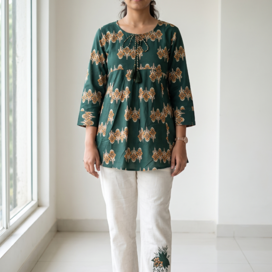 Bottle Green Printed Jaipuri Cotton Short Kurti with Off-White Linen Pants Co-Ord Set