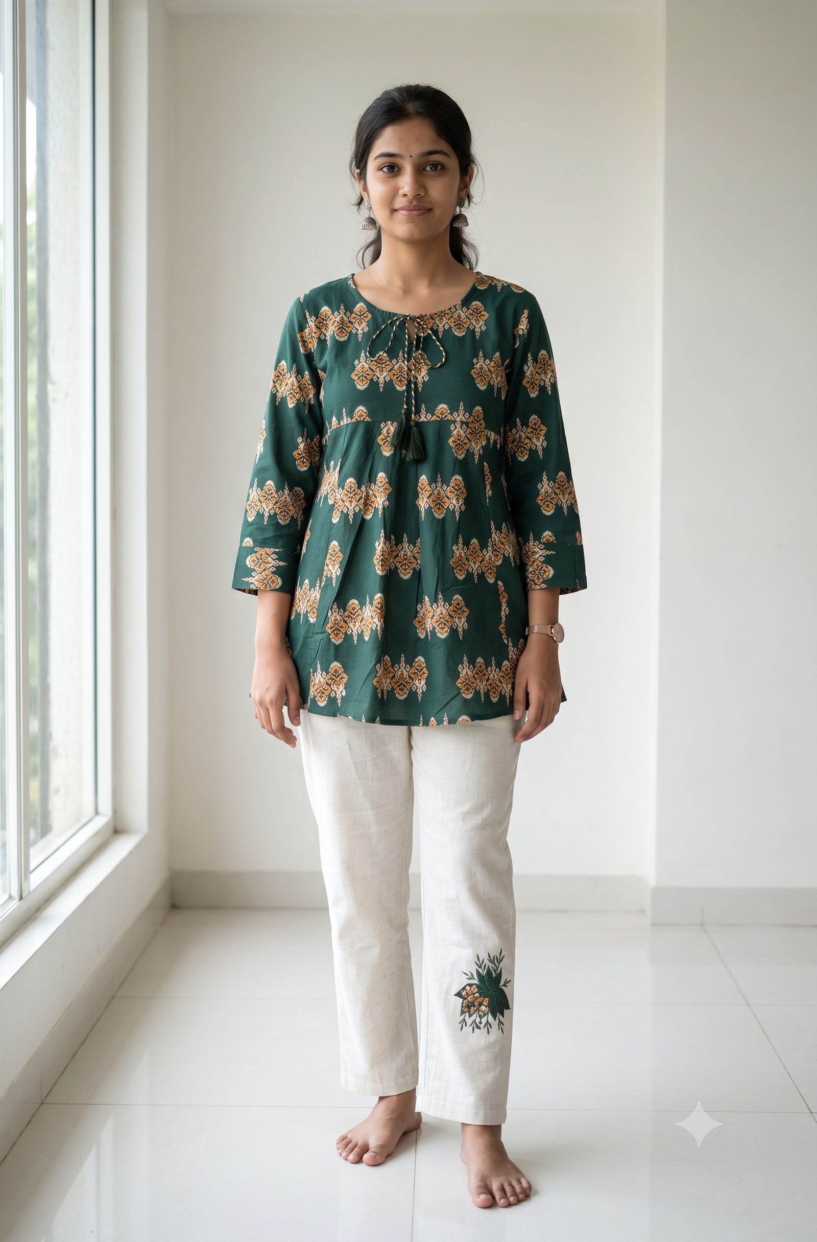 Bottle Green Printed Jaipuri Cotton Short Kurti with Off-White Linen Pants Co-Ord Set