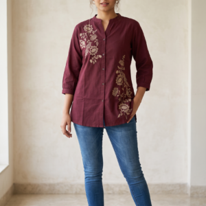 Collections Maroon Wine Cotton Short Kurti with Beige Floral Embroidery