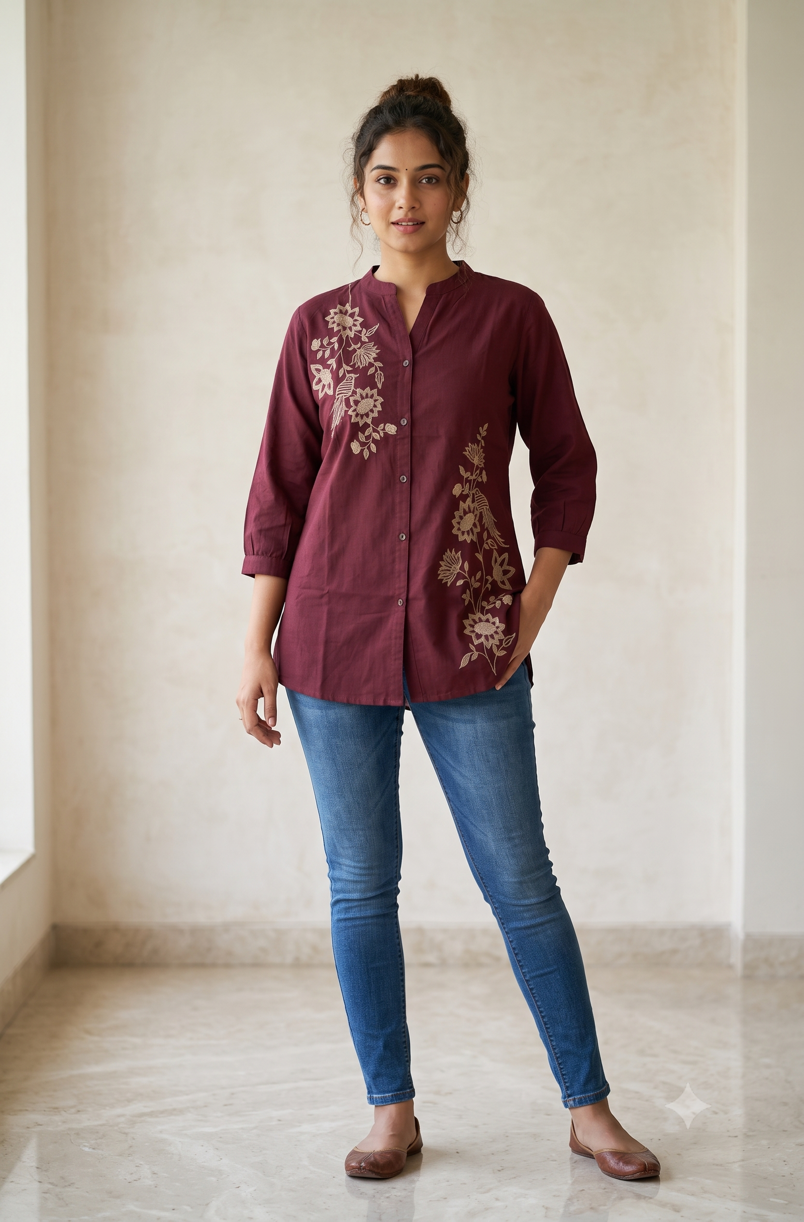 Maroon Wine Cotton Short Kurti with Beige Floral Embroidery
